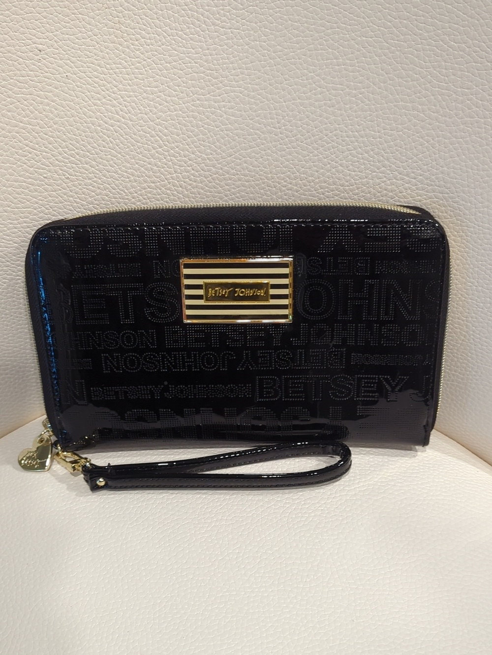 Betsey Johnson Black Patent Logo Zip-Around Wristlet